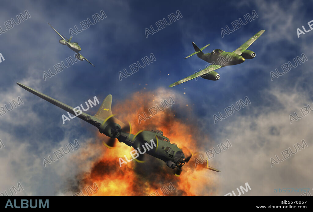 German Messerschmitt 262 jetfighters attacking an American B-17 Flying Fortress bomber.