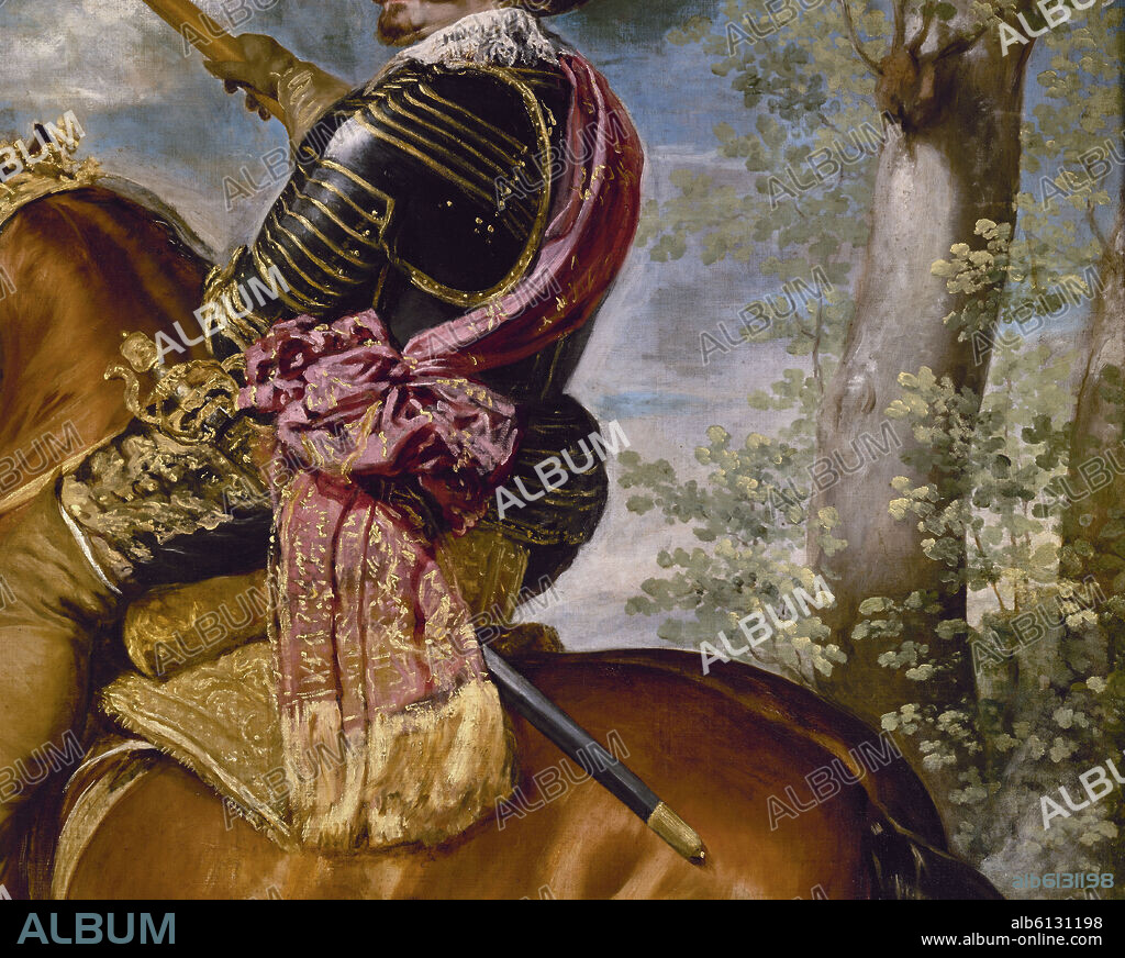 DIEGO VELAZQUEZ (1599-1660). GASPAR DE GUZMAN, CONDE DUQUE DE OLIVARES A CABALLO - DETALLE DEL CUERPO: ARMADURA Y BANDA - HACIA 1632 - O/L - BARROCO ESPAÑOL - CONJUNTO 7434.