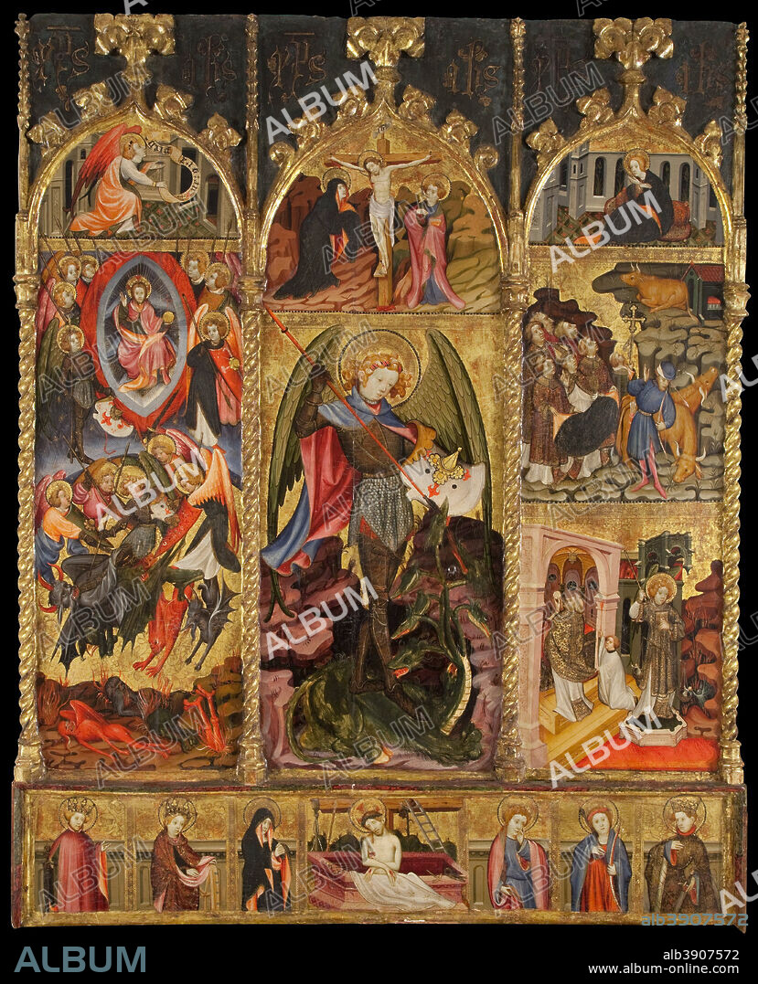 ATTRIBUTED TO JOAN MATES. Altarpiece of Saint Michael the Archangel. Date/Period: First quarter of 15th century. Painting. Tempera on wood. Height: 1,730 mm (68.11 in); Width: 1,430 mm (56.29 in).