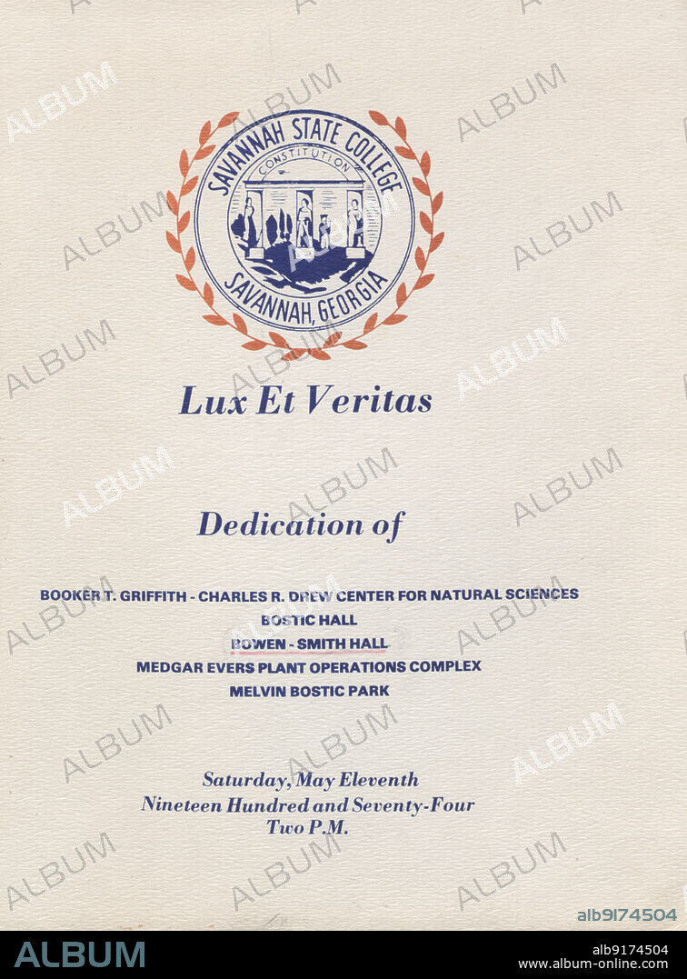 Dedication of new buildings at the Savannah State College, Georgia, 1974. Buildings named after notable African-Americans: Booker T. Griffith-Charles R. Drew Center for Natural Sciences, Bostic Hall, Bowen-Smith Hall, Medgar Evers Plant Operations Complex, and Melvin Bostic Park. Dr. Griffith was the first person employed full time at Savannah State with an earned doctorate degree. Surgeon and medical researcher Charles Drew was an expert on blood plasma, considered the father of the blood bank. Sylvia E. Bowen taught maths at the college, and Lula Smith was in the second coed graduating class, 1901. Civil rights activist and World War II veteran Medgar Evers was murdered by a white supremacist - after he was shot, he was initially refused entry to hospital because of his race. Bostic, also a decorated US Army veteran, was run over and killed while collecting donations at Savannah State University.