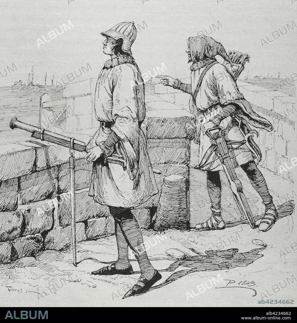 Soldiers of "Acostamientos". The Acostamiento was a salary granted by the king to his vassals under which they were obliged to serve him in war. Culveriner (left). Crossbowman (right). Engraving. Museo Militar, 1883.