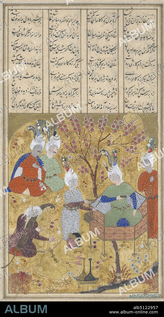 Bahram Gur Enthroned after Killing Two Lions, from a Book of Kings (Shahnama) manuscript, ca. 1540, Ink, opaque watercolor, and gold on paper, image: 7 3/4 × 4 3/16 in. (19.7 × 10.7 cm), Famous for his love of hunting and music, Bahram Gur (r. 42038 C.E.) was the fifteenth king of the Sasanian Empire, which controlled the greater Iranian region until the advent of Islam. Also popular for abolishing taxes, Bahram Gur features in the Book of Kings (Shahnama) and elsewhere in Persian literature., Iranian/Persian, Islamic, Safavid dynasty (15011722), Paintings.