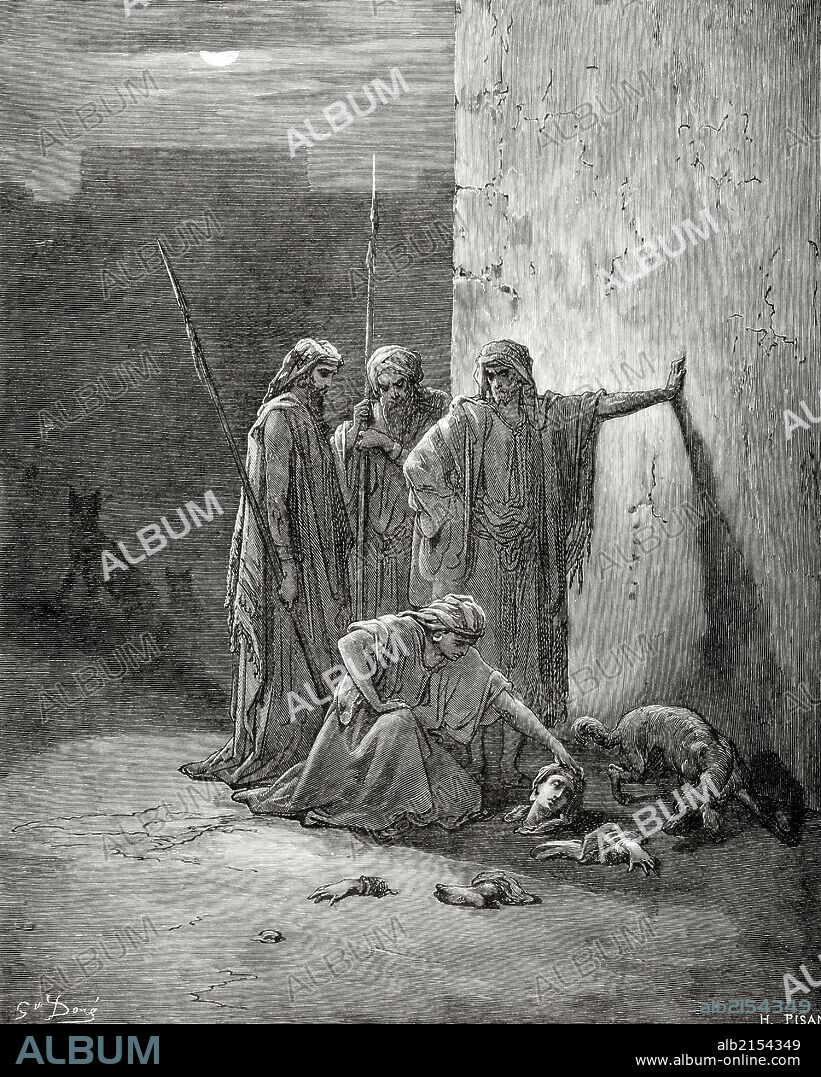 Jehu. King of Israel. The companions of Jehu finds the corpse of Jezebel, with separate members after have been devoured by animals after his murder to be precipitated by the window. Book of Kings, IV. Chapter IX. Gustave Dore drawing. Maurand engraving.