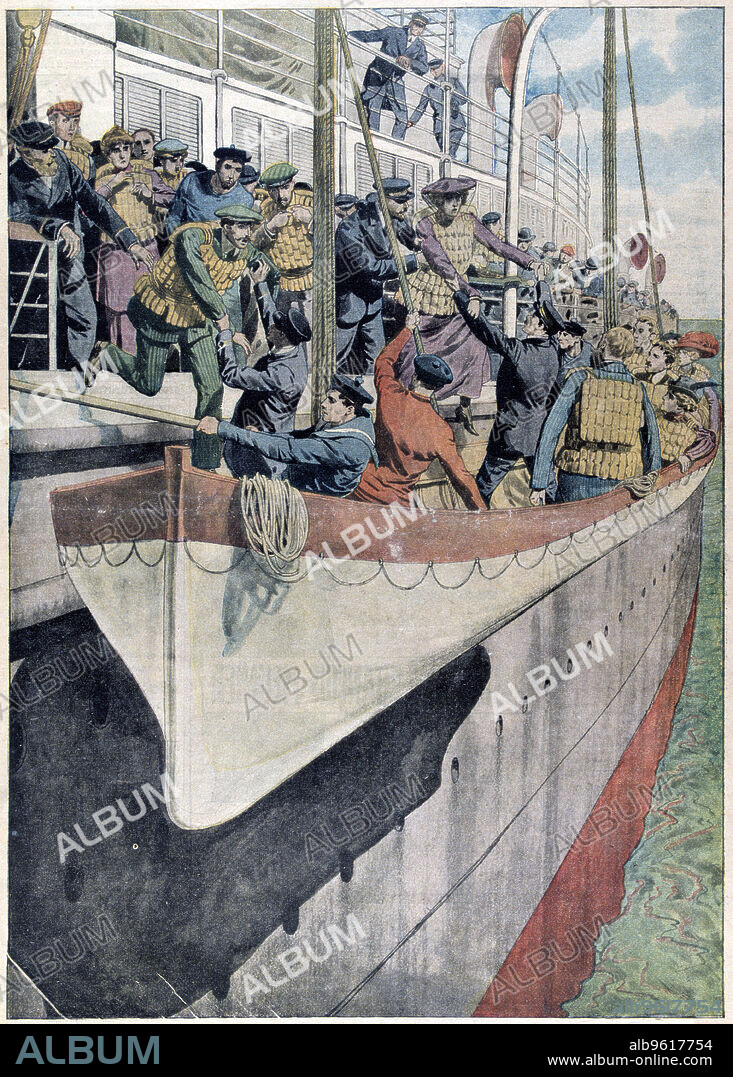 The lesson of SS Titanic: Lifeboat drill on a passenger liner, 1912. Operated by the White Star Line, on 14 April 1912 SS Titanic struck an iceberg in thick fog off Newfoundland. She was the largest and most luxurious ocean liner of her time, and thought to be unsinkable. In the collision five of her watertight compartments were compromised and she sank. Out of the 2228 people on board, only 705 survived. A major cause of the loss of life was the insufficient number of lifeboats she carried. Better provision of lifejackets and lifeboats began immediately after the disaster. From Le Petit Journal. (Paris, 2 June 1912).