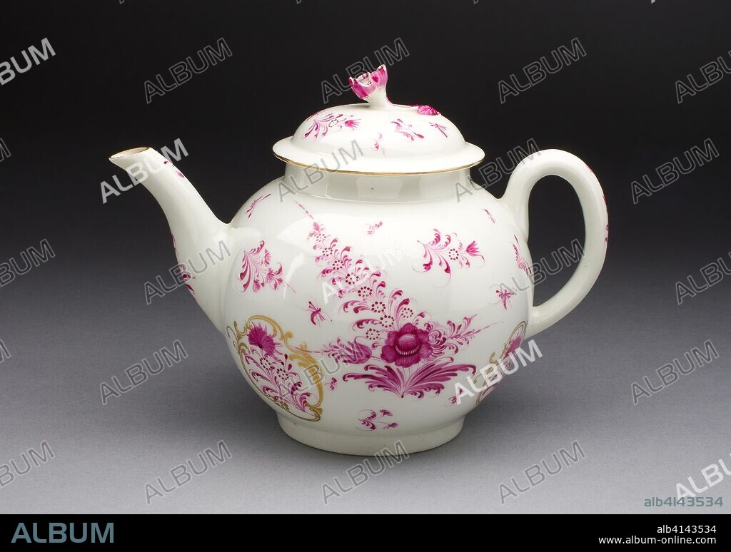 WORCESTER ROYAL PORCELAIN COMPANY. Teapot. Worcester Porcelain Factory; Worcester, England, founded 1751. Date: 1765-1775. Dimensions: 15.2 x 20.3 x 13 cm (6 x 8 x 5 1/8 in.). Soft-paste porcelain with purple enamel and gilding. Origin: Worcester.