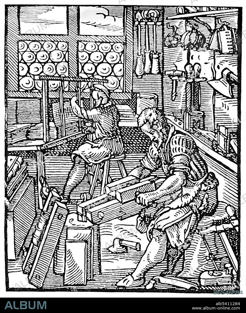 Medieval bookbinders at work. Illustration from Jost Amman's Book of Trades, 1568.
