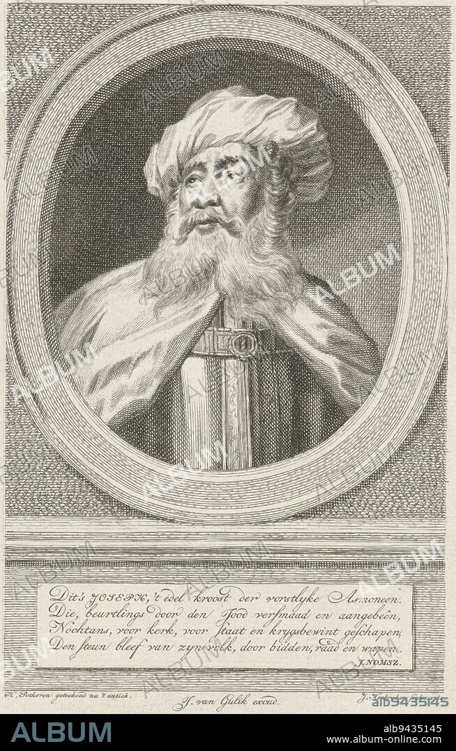 Bust of Flavius Josephus, in an oval. The portrait rests on a plinth on which is a four-line verse in Dutch. Portrait of Flavius Josephus Joseph , print maker: Jacob Houbraken, (mentioned on object), intermediary draughtsman: Hendrik Pothoven, (mentioned on object), Joannes Nomsz, (mentioned on object), Amsterdam, 1780, paper, engraving, h 221 mm × w 159 mm.