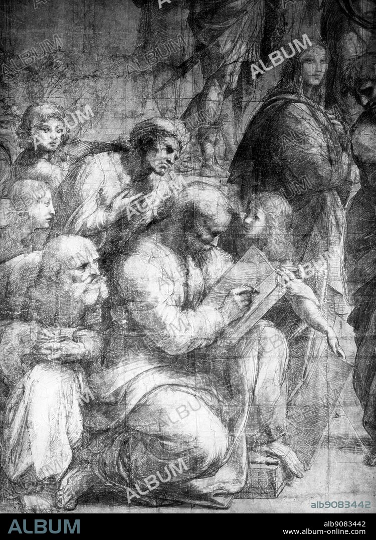Rainbird Art - (Raphael (Raffaello Sanzio), School of Athens, 1509, Stanza della Segnatura, Pontifical Palace, Rome) (lower left part of larger painting). The School of Athens or "Scuola di Atene" in Italian is one of the most famous paintings by the Italian Renaissance artist Raphael. It was painted between 1509 and 1510 as a part of Raphael's commission to decorate with frescoes the rooms that are now known as the Stanze di Raffaello, in the Apostolic Palace in the Vatican. The Stanza della Segnatura was the first of the rooms to be decorated, and The School of Athens the second painting to be finished after La disputa. The painting celebrates classical thought, but it is also dedicated to the liberal arts, symbolized by the statues of Apollo and Minerva. Grammar, Arithmetic and Music are personified by figures located in the foreground, at left Geometry and Astronomy are personified by the figures in the foreground (other characters symbolised in the painting are those representing Rhetoric and Dialectic. Some of the ancient philosophers bear the features of Raphael's contemporaries. This section shows Pythagoras (crouching with book and Parmenides (standing with book just seen in part on the right).