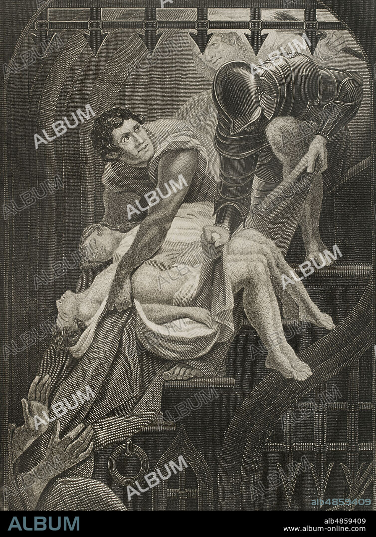 Tras la muerte del rey Eduardo IV de Inglaterra (1442-1483), su hermano Ricardo (1452-1485), duque de Gloucester, aprovechó el hecho de ser tutor de los herederos al trono y protector del reino, para encarcelar a sus sobrinos, Eduardo V (1470-1483) y su hermano Ricardo de Shrewsbury (1473-1483). Los príncipes fueron asesinados por un sicario de Ricardo, asfixiándolos con una almohada mientras dormían. Ricardo había ordenado a Robert Brakenbury, gobernador de la Torre de Londres, dar muerte a sus dos sobrinos, pero el gobernador se negó. Ricardo dió entonces la orden a Sir James Tyrrell (h. 1455-1502), quien con la ayuda de tres cómplices, llamados William Slater, John Digton y Forrest, ejecutó el asesinato. El duque Ricardo se proclamó rey en 1483, reinando como Ricardo III entre el 26 de junio de 1483 y el 22 de agosto de 1485. Los cuerpos fueron enterrados al pie de la escalera en la misma Torre de Londres, a poca profundidad, donde fueron descubiertos en julio de 1674. Los hijos de Eduardo. Grabado que representa el acto IV, escena III, de la tragedia escrita alrededor de 1592 por William Shakespeare (1564-1616), titulada "La tragedia de Ricardo III" (The life and death of king Richard III). Historia de las persecuciones políticas y religiosas en Europa. Tomo II. Editado en Barcelona, 1864.