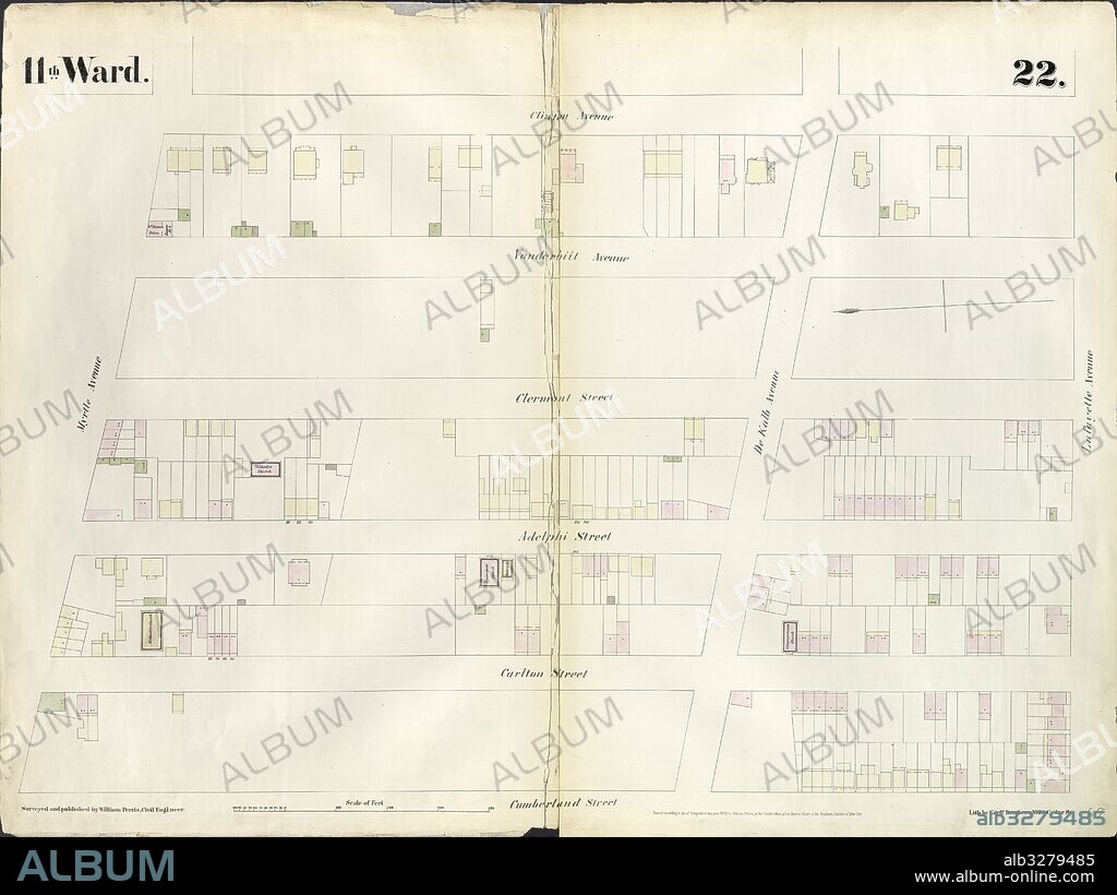 Plate 22: Map bounded by Myrtle Avenue, Clinton Street, Lafayette Avenue, Cumberland Street. 1855, William Perris, Brooklyn, New York, N.Y., USA.