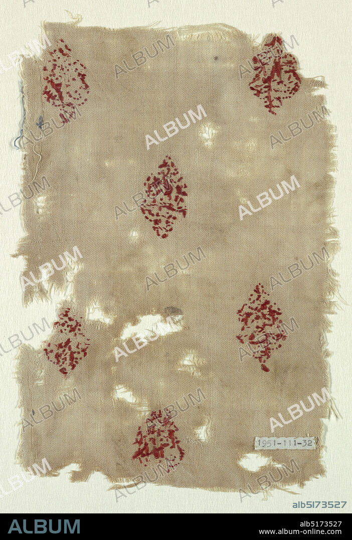 Textile, Medium: linen, silk Technique: satin stitch embroidery on plain weave, Rectangle of undyed linen cloth embroidered with widely-set diagonal repeat of floriated cross in red silk., 12th13th century, embroidery & stitching, Textile.