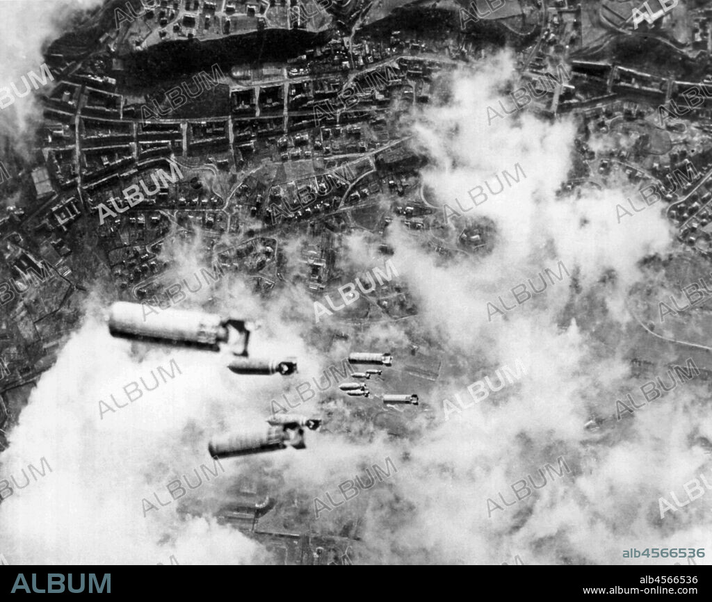 Dresden, Germany,  February 14, 1945 US Army 8th Air Force planes dropping explosive and incendiary bombs on Dresden.