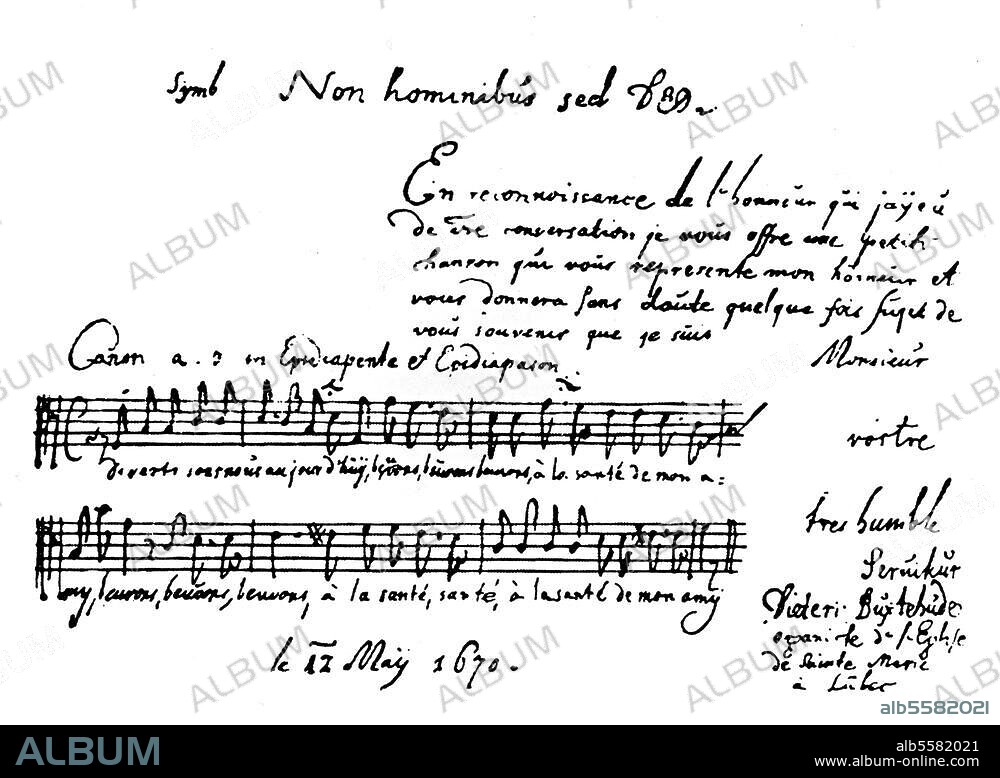 Buxtehude, Dietrich Organist und Komponist um 1637 - 1707. Werke: Canon à 3 in Epidiapente et Epidiapason (1670). Notenschrift mit Widmung und Unterschrift Buxtehudes, 12. Mai 1670. Lübeck, Stadtbibliothek.