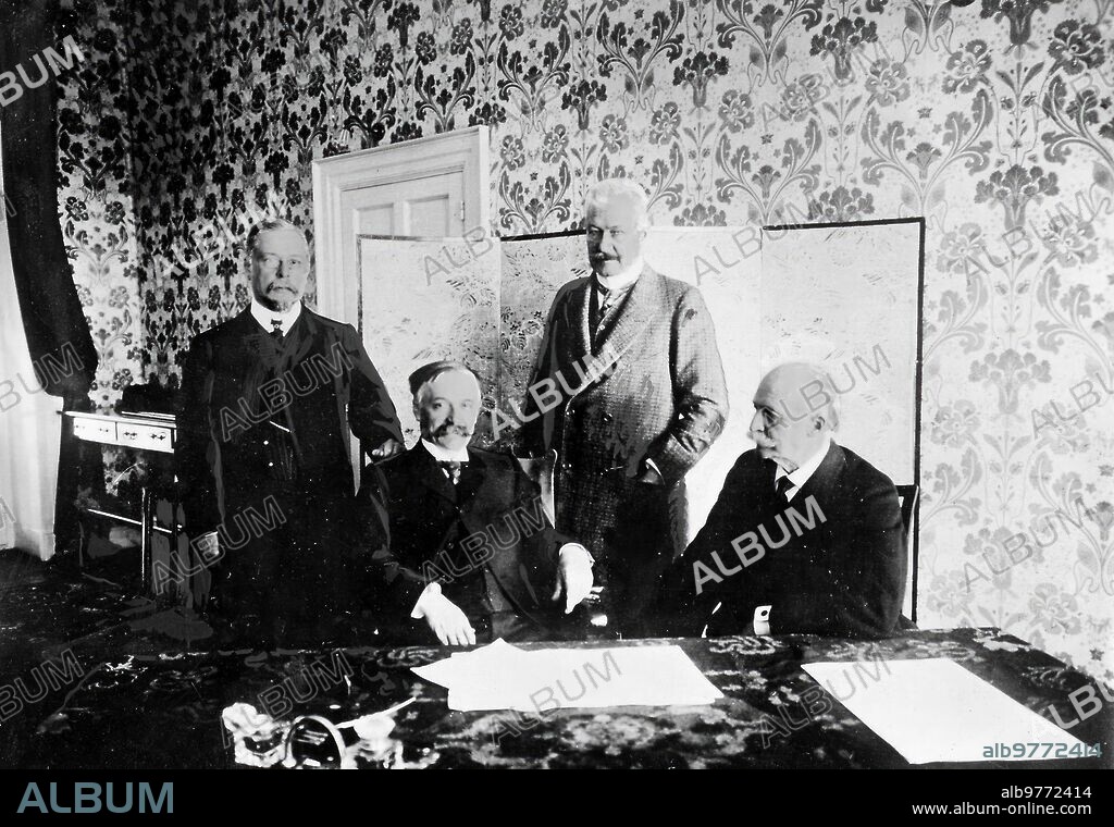 April 1906. The Algeciras conference. 1.-Radowitz, German ambassador. 2.-Tattenbach, his Deputy. 3.-M. Revoil, delegate of France. 4.-Regnault, his Deputy, Signing the Latest Agreements.
