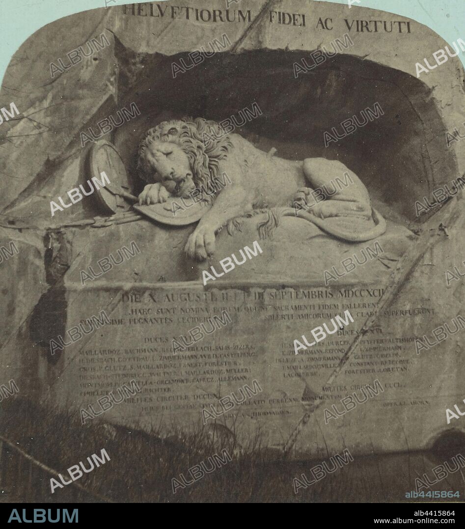 Lucerne. Le lion de Lucerne, monument eleve en 1821, en sourvenir des officers et des soldats de la Garde suisse..., Adolphe Braun (French, 1812 - 1877), about 1865, Albumen silver print.