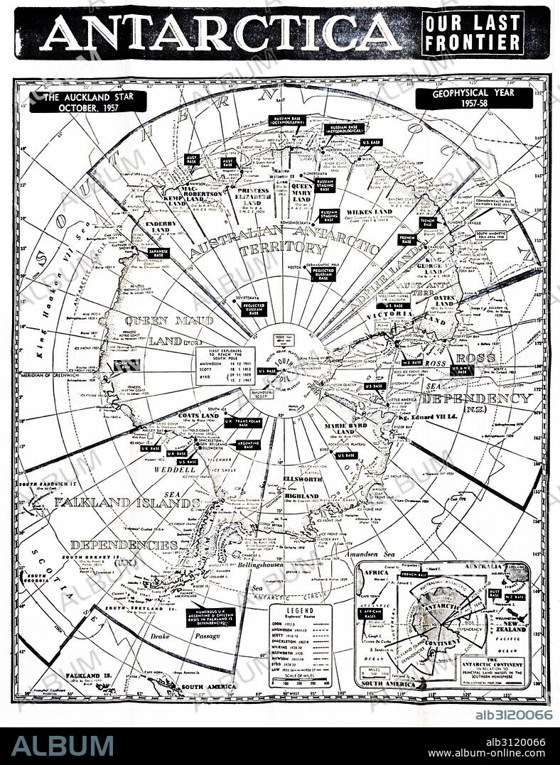 Antarctica map showing the various national zones or bases for countries including the UK; France; USA; Russia, 1958.