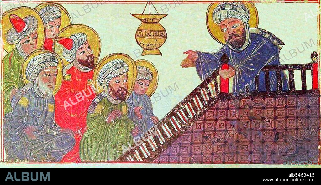 The Prophet Muhammad preaching his final sermon to his earliest converts, on Mount Ararat near Mecca; taken from a medieval-era manuscript of the astronomical treatise 'The Remaining Signs of Past Centuries' by the Persian scholar al-Biruni; currently housed in the collection of Edinburgh University Library, Scotland. Representations of the Prophet Muhammad are controversial, and generally forbidden in Sunni Islam (especially Hanafiyya, Wahabi, Salafiyya). Shia Islam and some other branches of Sunni Islam (Hanbali, Maliki, Shafi'i) are generally more tolerant of such representational images, but even so the Prophet's features are generally veiled or concealed by flames as a mark of deep respect.