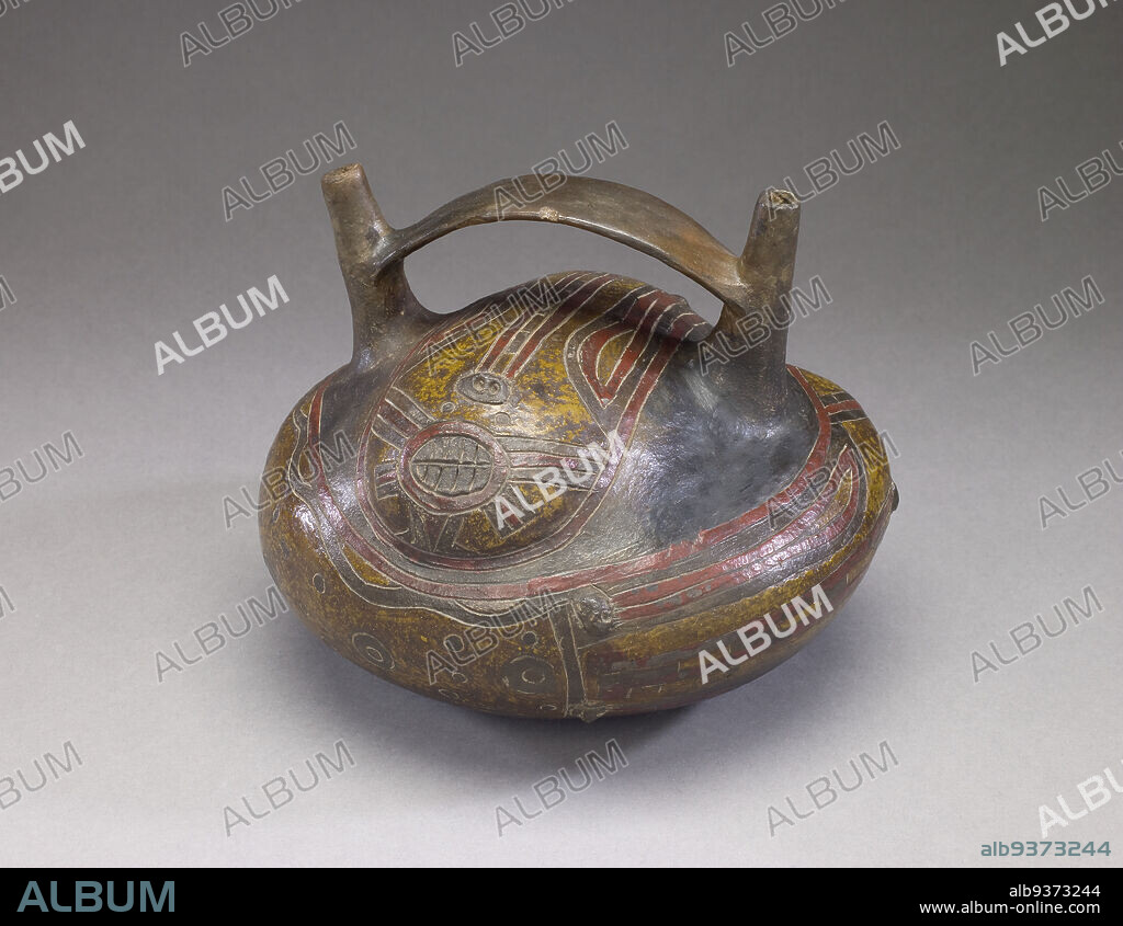 Double Spout and Bridge Vessel with Incised and Painted Motifs, Paracas, Early Horizon, c.900200 BC, c.800400 BC, Ceramic with pigment, Made in Perú, South America, Ceramics, containers, 6 1/2 x 7 1/2 in. (16.5 x 19 cm).