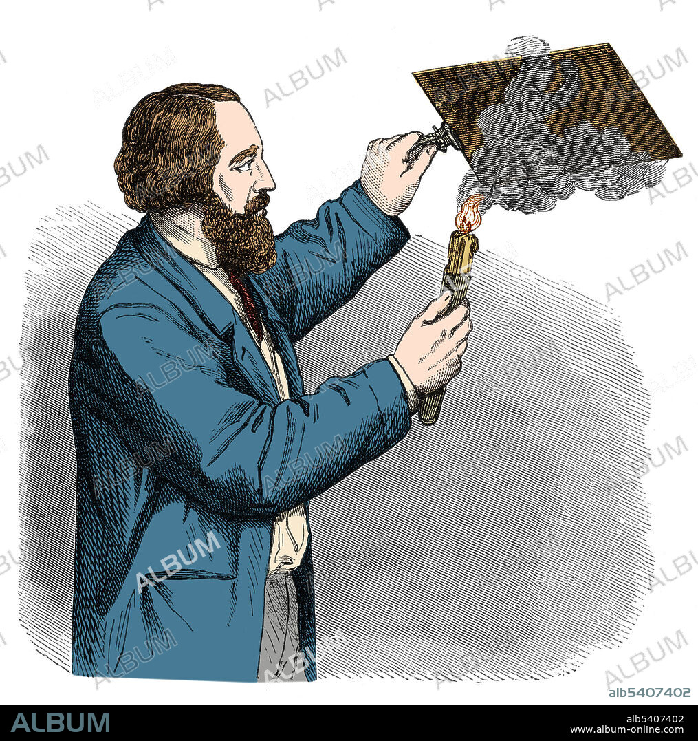 In etching, a waxy acid-resist, known as a ground, is applied to a metal plate, most often copper or zinc, and allowed to harden, after which the artist "smokes" the plate. Smoking not only darkens the plate but adds a small amount of wax. Afterwards the artist uses a sharp tool to scratch into the ground, exposing the metal. Color enhanced.