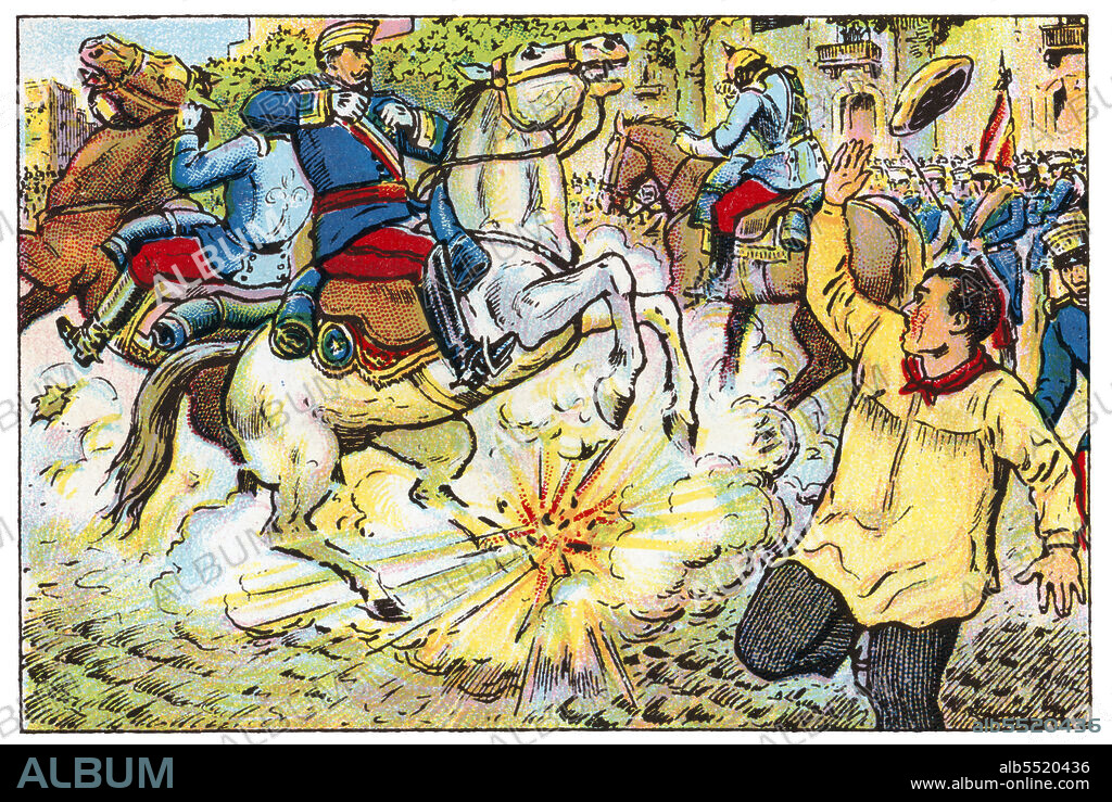 ALBERT MESTRE MORAGAS. Historia de Catalunya. Atentado anarquista en 1893 contra el capitán general Arsenio Martínez Campos (1831-1900) por Paulino Pallàs Latorre (1862-1893) del que salió ligeramente herido. Cromo de Xacolata Juncosa. Año 1932.