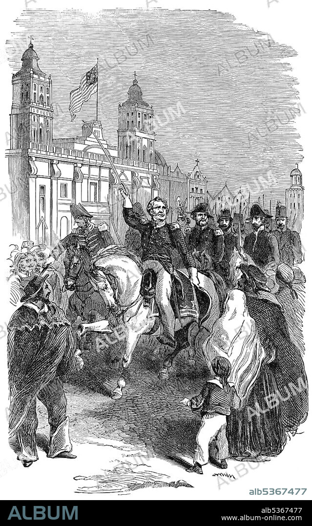 Historical drawing from the U.S. history of the 19th century, the invasion of Mexico City, Mexican-American War, Winfield Scott, 1786 - 1866, an American general, diplomat and politician.