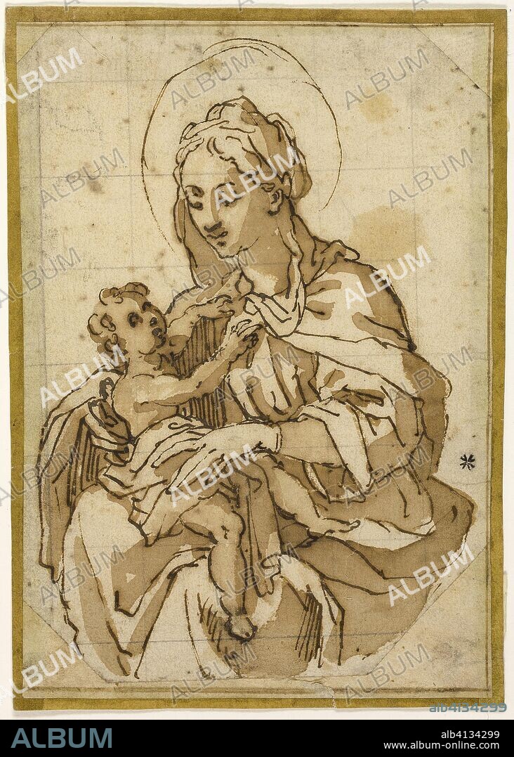 CIRCLE OF FRANCESCO VANNI. Virgin and Child. Circle of (or after) Francesco Vanni; Italian, 1563-1610. Date: 1588-1593. Dimensions: 140 x 100 mm. Pen and iron gall ink with brush and brown wash, on ivory laid paper, squared in graphite. Origin: Italy.
