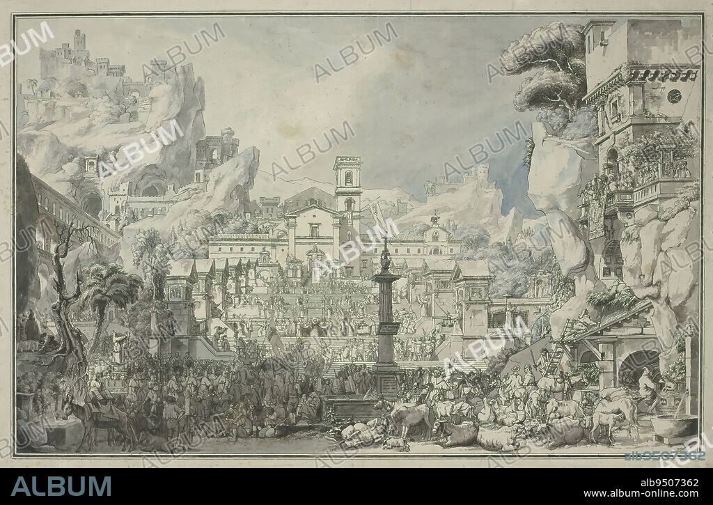 Allegory of the Catholic Church: the full indulgence (Indulgences Plénières), A monumental staircase flanked by buildings, chapels rocks and an aqueduct leads to a church. A long procession of priests and other clergy climb the stairs. In the right foreground is a stable with donkeys, cows, goats and pigs. In the center of a foreground is a column with a cross and inscription. In front of it, a horse rolls on the ground., print maker: Louis Jean Desprez, after own design by: Louis Jean Desprez, c. 1790, paper, engraving, height 580 mm × width 864 mm.
