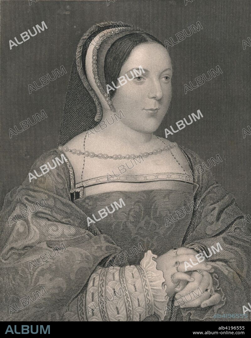 'Margaret Tudor. Queen of Scotland', c1525, (early-mid 19th century). Portrait of Marie d'Assigny, Madame de Canaples (1502-1558, wife of Jean de Créquy), dressed as Margaret Tudor (1489-1541, queen consort of King James IV of Scotland). Engraving after a painting made c1525, the year that Marie d'Assigny, a lady at the court of King François I of France, married Jean de Crequi, sire de Canaples. Painting in the collection of the National Galleries of Scotland, Edinburgh. [The London Printing and Publishing Company, London].