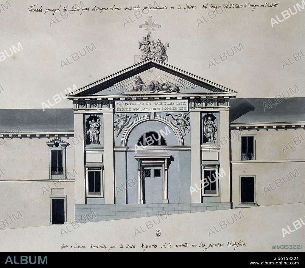 ISIDRO GONZALEZ VELAZQUEZ. ALZADO DE LA FACHADA PRINCIPAL DEL SALON PARA EL CONGRESO DE CORTES EN LA IGLESIA DEL COLEGIO DE DOÑA MARIA DE ARAGON EN MADRID - SIGLO XIX.