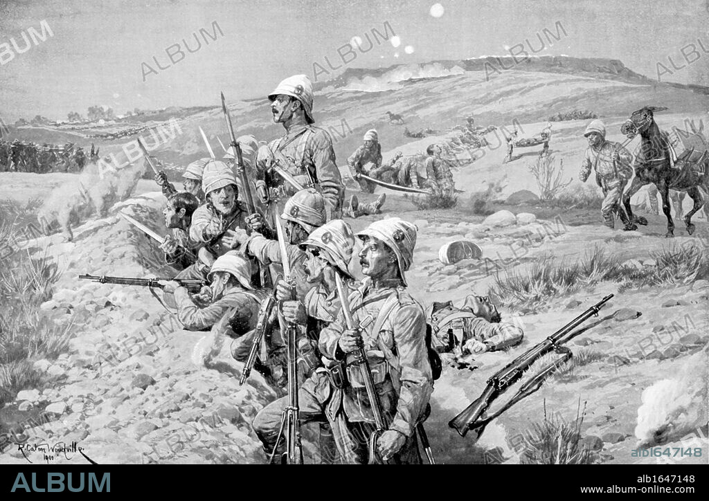 Boer War: Siege of Ladysmith by Boers, 1 November 1899 - 28 February 1900: defending British troops in trenches fixing bayonets in preparation to repel attack.