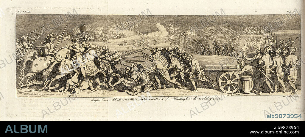 Battle of Marignano (now Melegnano) in the Italian Wars, 1515. King Francis I leads his lancers against the pikemen and artillery of the Old Swiss Confederacy. Bassorilevo del Primaticcio rappresentante la Battaglia di Melegnano. Handcoloured copperplate engraving by Antonio Verico from Giulio Ferrarios Costumes Ancient and Modern of the Peoples of the World, Il Costume Antico e Moderno, Florence, 1845.
