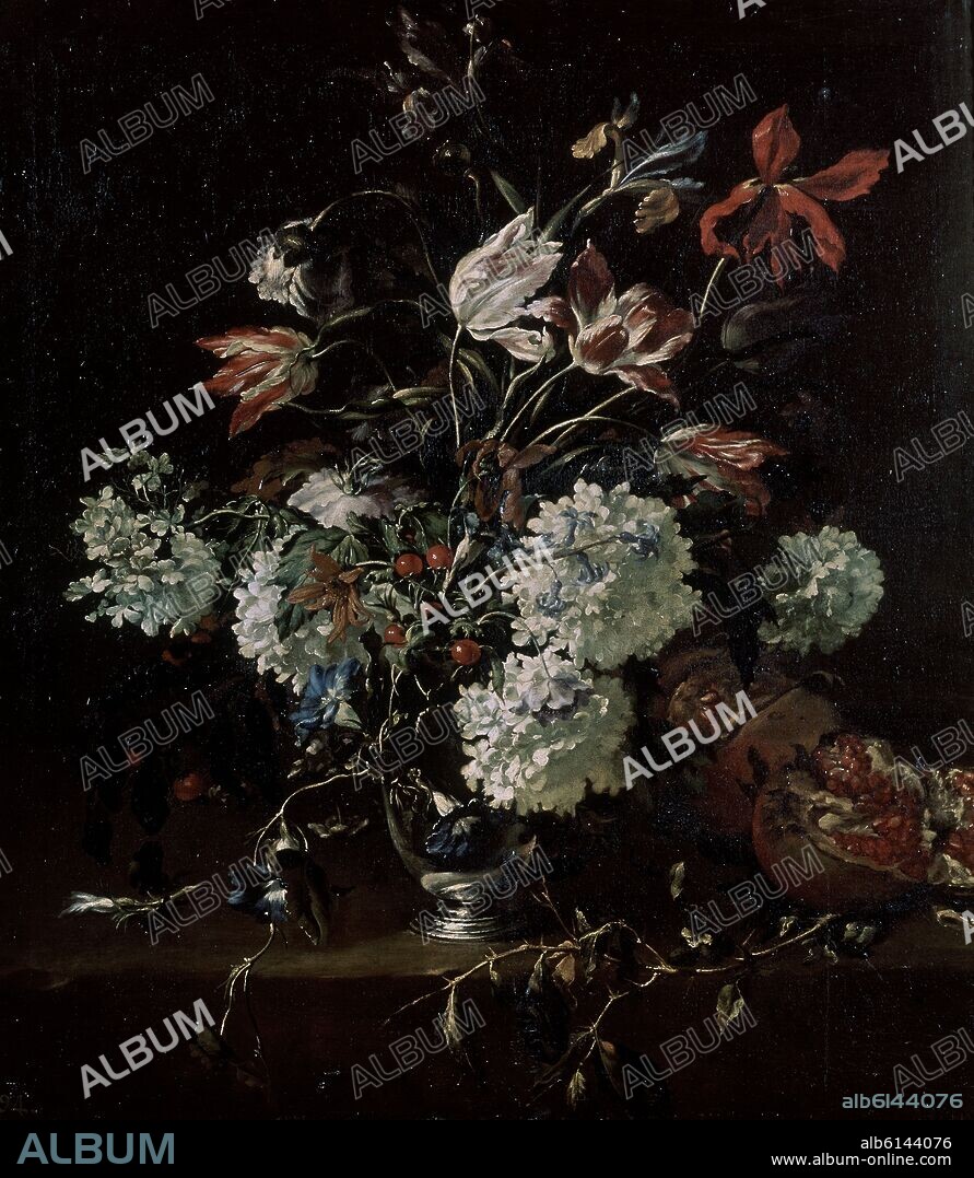BARTOLOME PEREZ DE LA DEHESA (1634-1693). BODEGON DE FLORES Y GRANADAS - SIGLO XVII - BARROCO ESPAÑOL.