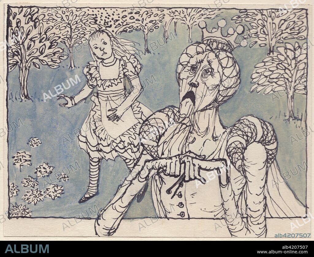 Alice and the White Queen, 1953. Illustration for "Alice Through the Looking-Glass" by Lewis Carroll. Shirley Markham (1931-1999) studied Graphic Design and Illustration at Central School of Art in London from 1950-1952. The writer, artist, poet, and illustrator Mervyn Peake (1911-1968) was one of her tutors, and her style of drawing was also influenced by other British illustrators such as Edward Ardizzone, Quentin Blake and Edward Bawden. Markham spent time in the Dolomite Mountains in Italy, and also visited Rome, sketching classical buildings. After graduating from Central, she worked as a graphic designer, producing book illustrations, cartoons for comics, menus and programmes. She gave up her promising career however when she got married in 1957. Middle-class women at that time were expected to devote their energies to bringing up children and running the home, and despite her obvious talent, she lacked the confidence to return to illustration. Her portfolio remained in the family attic for many years, but now her work is published here for the first time.