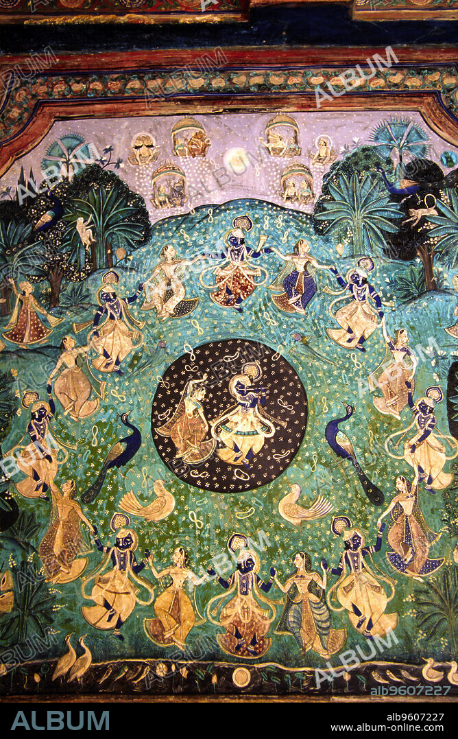 Tabla religiosa. Pintura mural.Chittra Shala. Fuerte Taragarh.(s.XVI). Bundi. Cordillera Vindhya. Rajastan. India.