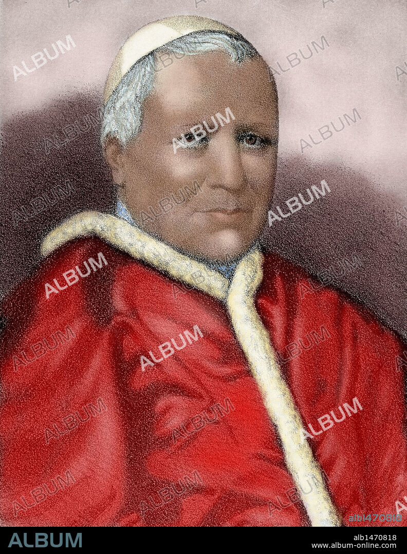 PIO IX (Senigallia,1792-Roma,1878). Papa italiano, de nombre Giovanni Maria Mastai-Ferretti. Elegido en 1846, era cardenal (1832) y obispo de Imola (1832), después de haberlo sido de Spoleto (1827). Convocó el Concilio Vaticano I (1869-70). Su pontificado es el más largo de la historia. Grabado por J. Vallyo. Coloreado.