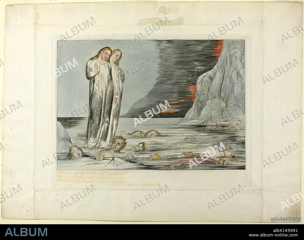 The Circle of the Traitors; Dante's Foot Striking Bocca degli Abbate. Inferno, canto XXXII. William Blake; English, 1757-1827. Date: 1827. Dimensions: 234 × 339 mm (image); 273 × 352 mm (plate); 395 × 537 mm (sheet). Hand-colored engraving on India paper, laid down on wove paper (chine collé). Origin: England.