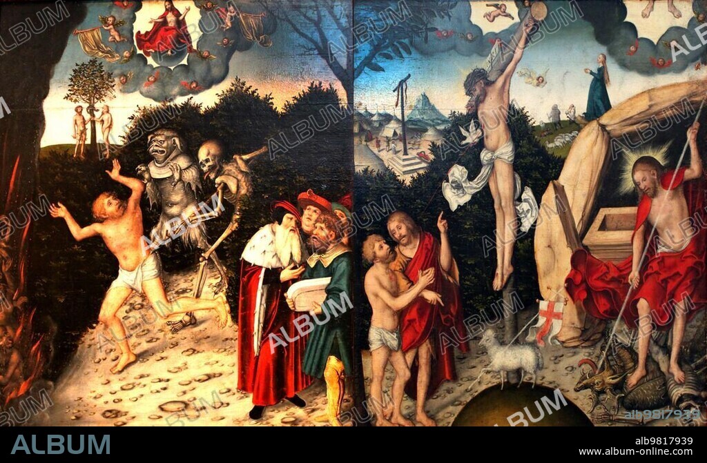 Allegory of Law and Grace; painting by Lucas Cranach the Elder; 4 October 1472; 16 October 1553; one of the most important German painters; graphic artists and letterpress printers of the Renaissance; Historical; digitally restored reproduction of a historical original.