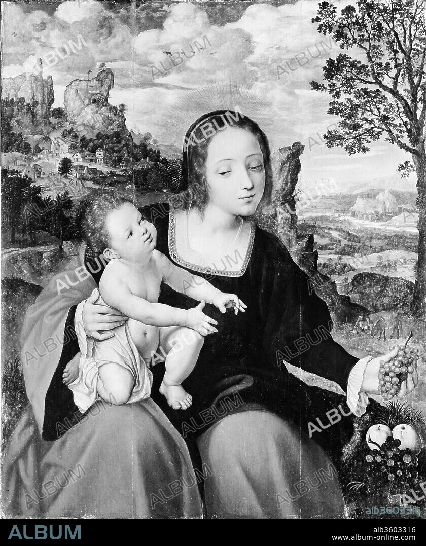 FOLLOWER OF QUENTIN METSYS et AND MASTER OF THE LIÈGE DISCIPLES AT EMMAUS. The Rest on the Flight into Egypt. Artist: Follower of Quentin Metsys (Netherlandish, mid-16th century); and Master of the Liège Disciples at Emmaus (Netherlandish, active mid-16th century). Dimensions: 37 1/2 x 30 1/4 in. (95.3 x 76.8 cm). Date: ca. 1540.
The Virgin and Child, painted by a follower of Massys, reflect the influence of Italian painting, particularly the classical figure types favored by Leonardo da Vinci. The landscape, however, ascribed to the Master of the Liège Disciples at Emmaus, sets the stage for the expansive views in Netherlandish paintings of the later sixteenth century.