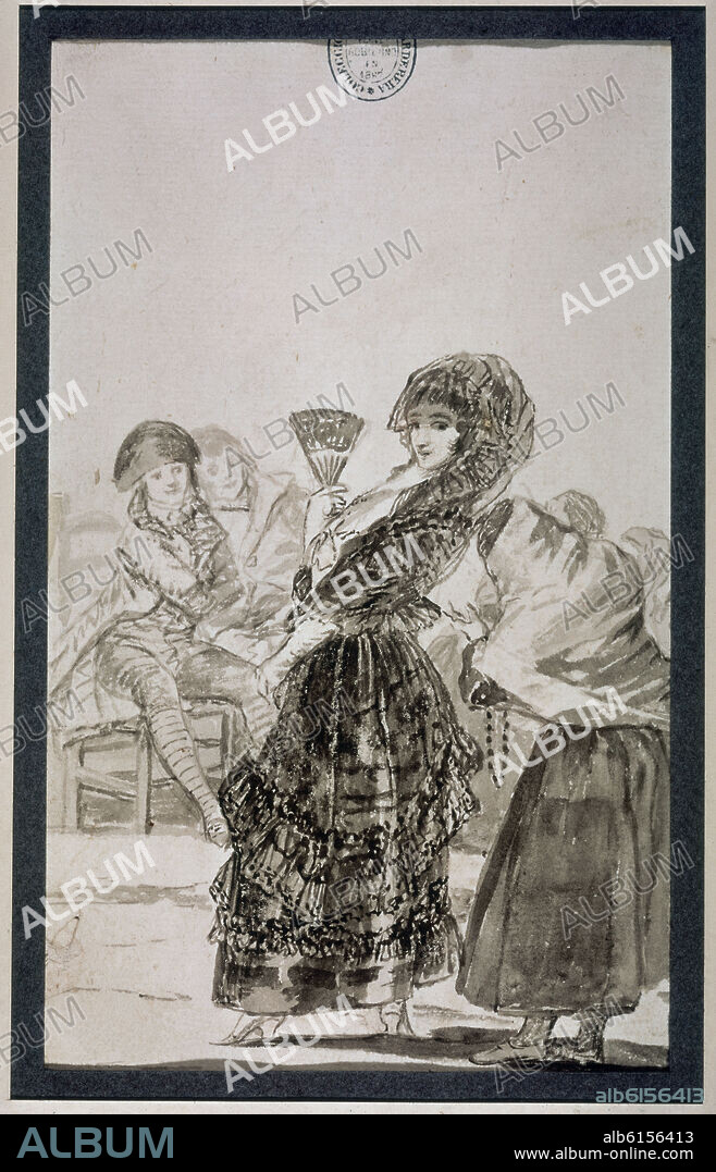 FRANCISCO DE GOYA. DIBUJO PREPARATORIO PARA EL CAPRICHO 16 - DIOS LA PERDONE Y ERA SU MADRE - DAMA CON MANTILLA Y MENDIGA - 1792-1799.