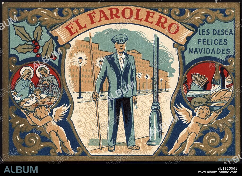 Felicitación de Navidad. El farolero. Años 1950.