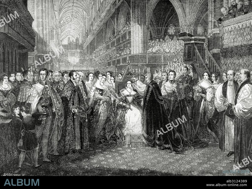 VICTORIA I (1819-1901). Reina del Reino Unido de 1837-1901. "Coronación de la reina Victoria de Inglaterra en la Abadía de Westminster, 28 de junio de 1838". Grabado por E. Cremer, extraido de una pintura de E. T. Parris. Nuestro Siglo, siglo XIX.