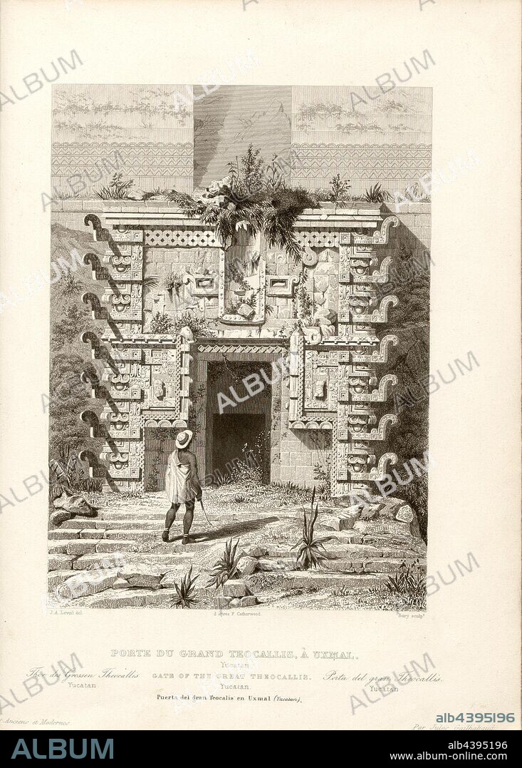 Gate of the great Teocallis, in Uxmal. Yucatan, Gate of the Teocalli building in Uxmal, ruins of a Mayan city in Mexico, signed: J. A. Leveil del, d'après F. Catherwood; Bury sculp, Fig. 75, p. 330, Catherwood, Frederick (inv.); Léveil, Jean-Arnaud (del. d'après Frederick Catherwood); Bury, Jean Baptiste Marie (sc.), 1853, Jules Gailhabaud: Monuments anciens et modernes: collection formant une histoire de l'architecture des différents peuples à toutes les époques. Paris: Librairie de Firmin Didot frères, 1853.