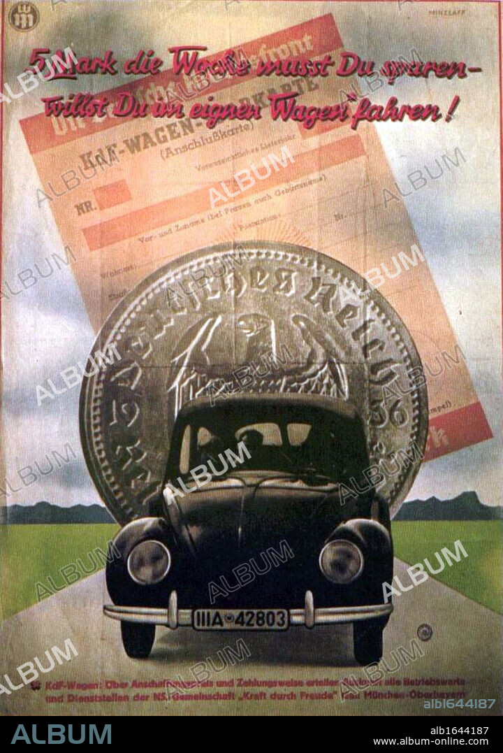 Late 1930s poster advertising Volkswagen, the People's Car. The text: 'Save 5 marks a week and you will drive your own car'.