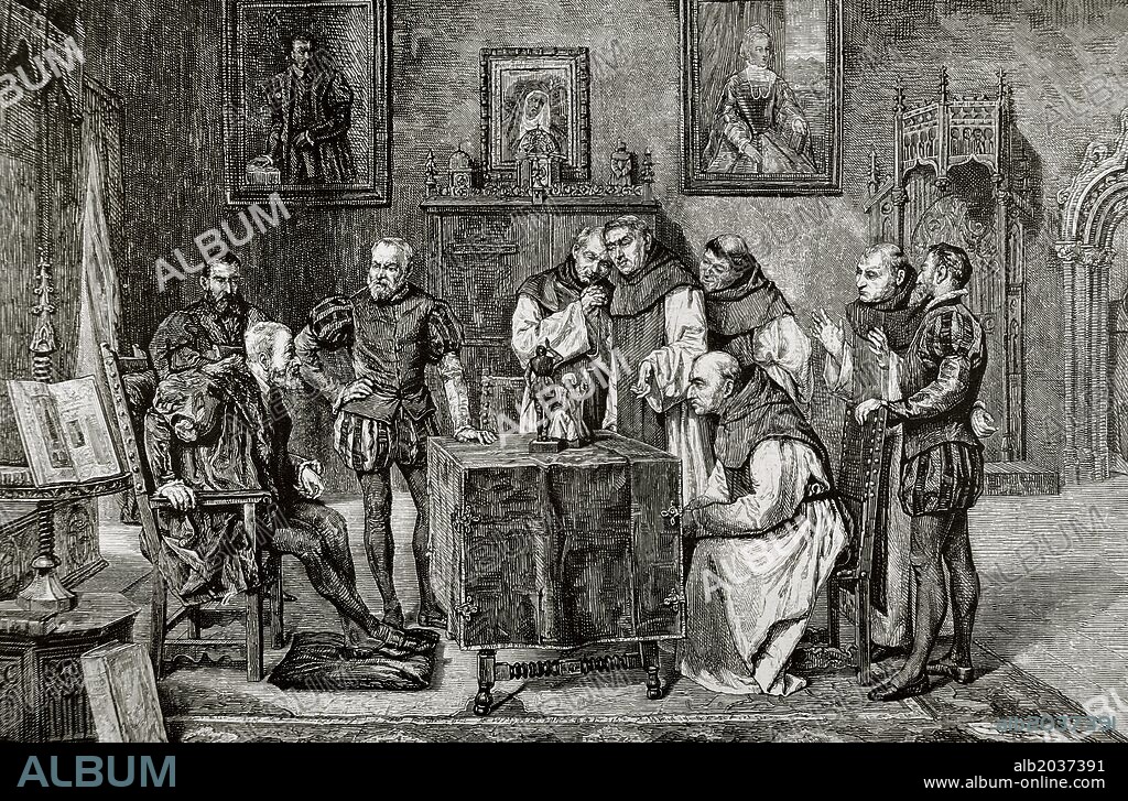 CARLOS I de ESPAÑA y V de ALEMANIA (Gante 1500Yuste 1558). Rey de España (1517-56) y emperador de Alemania (1519-56). Primer monarca hispano de la casa de Austria. Hijo de Felipe el Hermoso y Juana la Loca, nieto del emperador Maximiliano de Austria y de los Reyes Católicos. "EL EMPERADOR CARLOS V EN YUSTE. " Grabado de C. Penoso. "La Ilustración Española y Americana", año 1879.