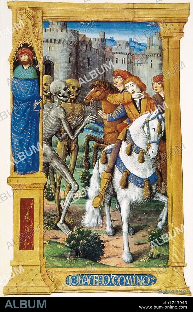 LA MUERTE. Representación de la leyenda de los "Tres vivos y los tres muertos". Miniatura del siglo XV perteneciente a un "Libro de Horas". Castillo de Chantilly. Francia.