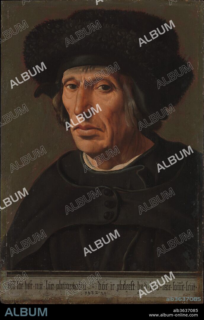 Jacob Willemsz. van Veen (1456-1535), the Artist's Father. Artist: Maarten van Heemskerck (Netherlandish, Heemskerck 1498-1574 Haarlem). Dimensions: 20 1/2 x 13 3/4 in. (52.1 x 34.9 cm). Date: 1532.
This sober image of the artist's father was painted in the year Heemskerck left Haarlem for an extended trip to Italy. The inscription on the parapet reads, "My son portrayed me here when I had lived seventy-five years so they say." Departing from his usual classicizing style, the artist reverted to vernacular Dutch in Gothic letters, declaring this a portrait grounded in life and experience. A direct gaze confronts the viewer with the presence of a stern man nearing the end of his life. Three years later, Van Veen died at the age of seventy-nine, while Heemskerck was still abroad.