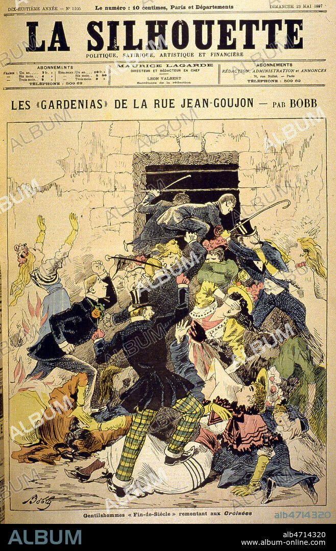 'Les 'gardenias' de la rue Jean-Goujon : gentilhommes "fin de siecle" remontant aux croisees' : pour s'echapper d'un incendie lors d'une vente de charite, des hommes du monde n'hesitent pas a pietiner des femmes (fait divers de la catastrophe du Bazar de la Charite, dans lequel les victimes etaient toutes feminines, en effet, les hommes de la haute societe presents dans le lieu avaient joué de la canne, n'hésitant pas a bousculer et meme pietiner les femmes qui se trouvaient sur leur passage afin de fuir l'incendie. La presse en fit ses choux gras pendant plusieurs semaines). Couverture de La Silhouette du 23/05/1897 illustree par BOBB. Credit : JEAN VIGNE / KHARBINE-TAPABOR.