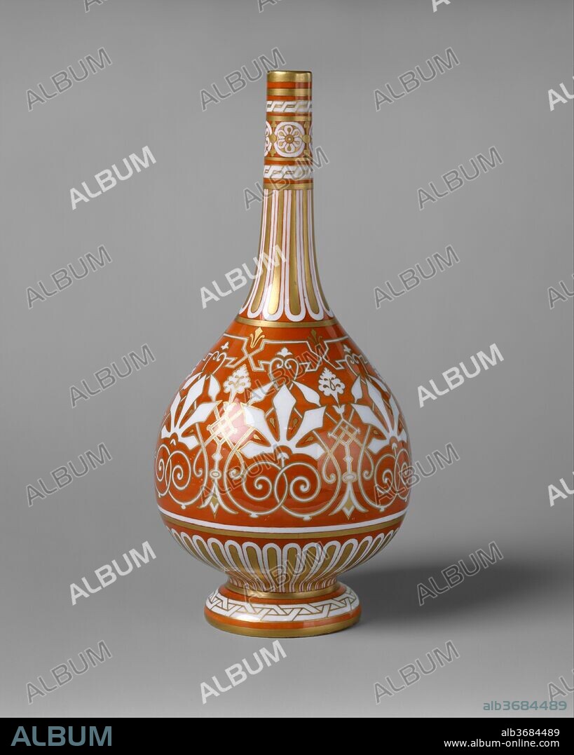 Bottle. Culture: British, Stoke-on-Trent, Staffordshire. Designer: Design attributed to Christopher Dresser (British, Glasgow, Scotland 1834-1904 Mulhouse). Dimensions: Height: 7 5/8 in. (19.4 cm). Factory: Minton(s) (British, Stoke-on-Trent, 1793-present). Date: ca. 1862.
The central pattern of scrolling interlaced foliage in orange edged in gold on a white ground harkens back to Islamic decorative motifs frequently found on ceramics. The vertical designs on the neck and under the bowl of the bottle are in imitation of fluting and gadrooning frequently found on silver hollowware. The bulbous shape of the vase, with a tall, narrow neck, takes its inspiration from Persian and Chinese examples.
Attributed to Christopher Dresser (1834-1904), the vase's decorative scheme follows his idea that "the ornament must tend to emphasise [sic] the beautiful quality of the object and not destroy the form." By the early 1860s, Dresser was working for the Minton factory as a freelance designer and his early work for the company was often inspired by Persian examples. Some of these designs were presented in Minton's display at the International Exhibition, London (1862).
The stylized geometric motifs recalling Middle Eastern sources, as well as the overall organization of ornament on the vase, are in accord with Dresser's theories on good design as espoused in his Principles of Decorative Design (1873), which echoed the ideas of Owen Jones. Both believed that when an object found in nature is used as a decorative motif ,it should be depicted conventionally, or flattened, rather than in imitation of the model. Dresser also admired the abstraction and intricacy of interlaced patterns associated with Persian ornament.