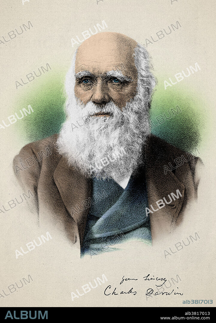 Lithograph of Charles Darwin (1809-1882) with this signature. Darwin was an English naturalist and geologist. He established that all species of life have descended over time from common ancestors, and in a joint publication with Alfred Russel Wallace introduced his scientific theory that this branching pattern of evolution resulted from a process that he called natural selection, in which the struggle for existence has a similar effect to the artificial selection involved in selective breeding. This image has been colour enhanced.