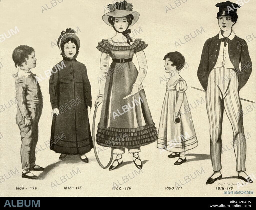 CECIL W TROUT. 'Children's clothing from 1800-1820', 1907, (1937). From "History of American Costume - Book One 1607-1800", by Elisabeth McClellan. [Tudor Publishing Company, New York, 1937].